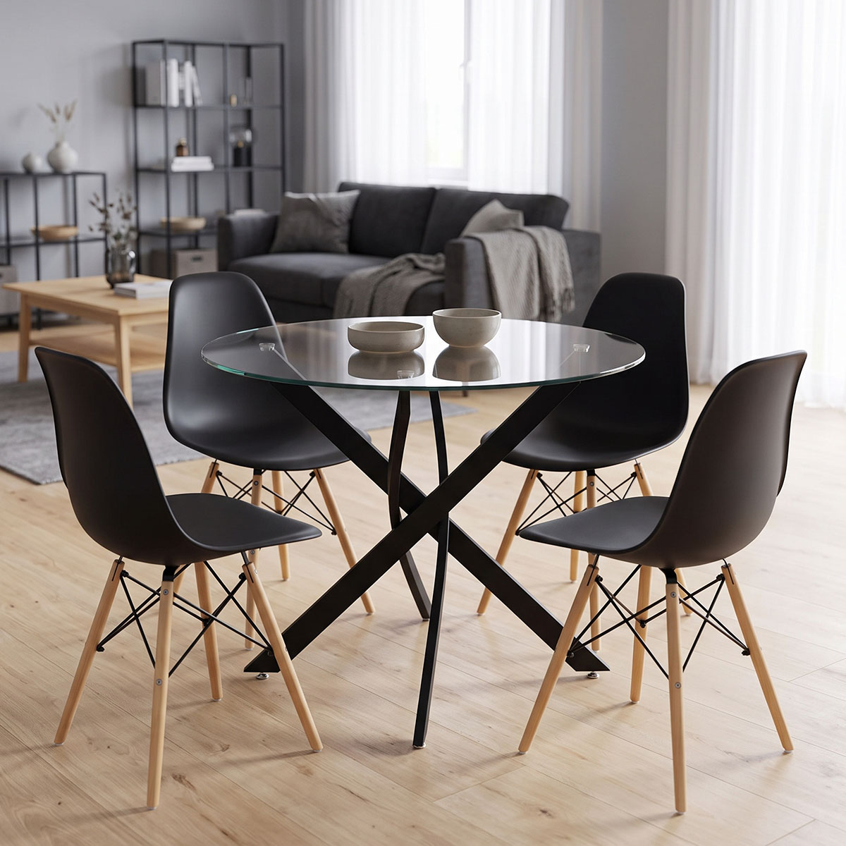 200-001906 Dining room with Julita chairs black and Antoro table glass with black metal Φ80x75cm set 5pcs - Слика 1