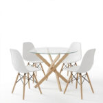 Julita dining set with White Chairs and Antoro glass table with metal frame in natural finish Ø80x75cm 5-piece Set - Image 2