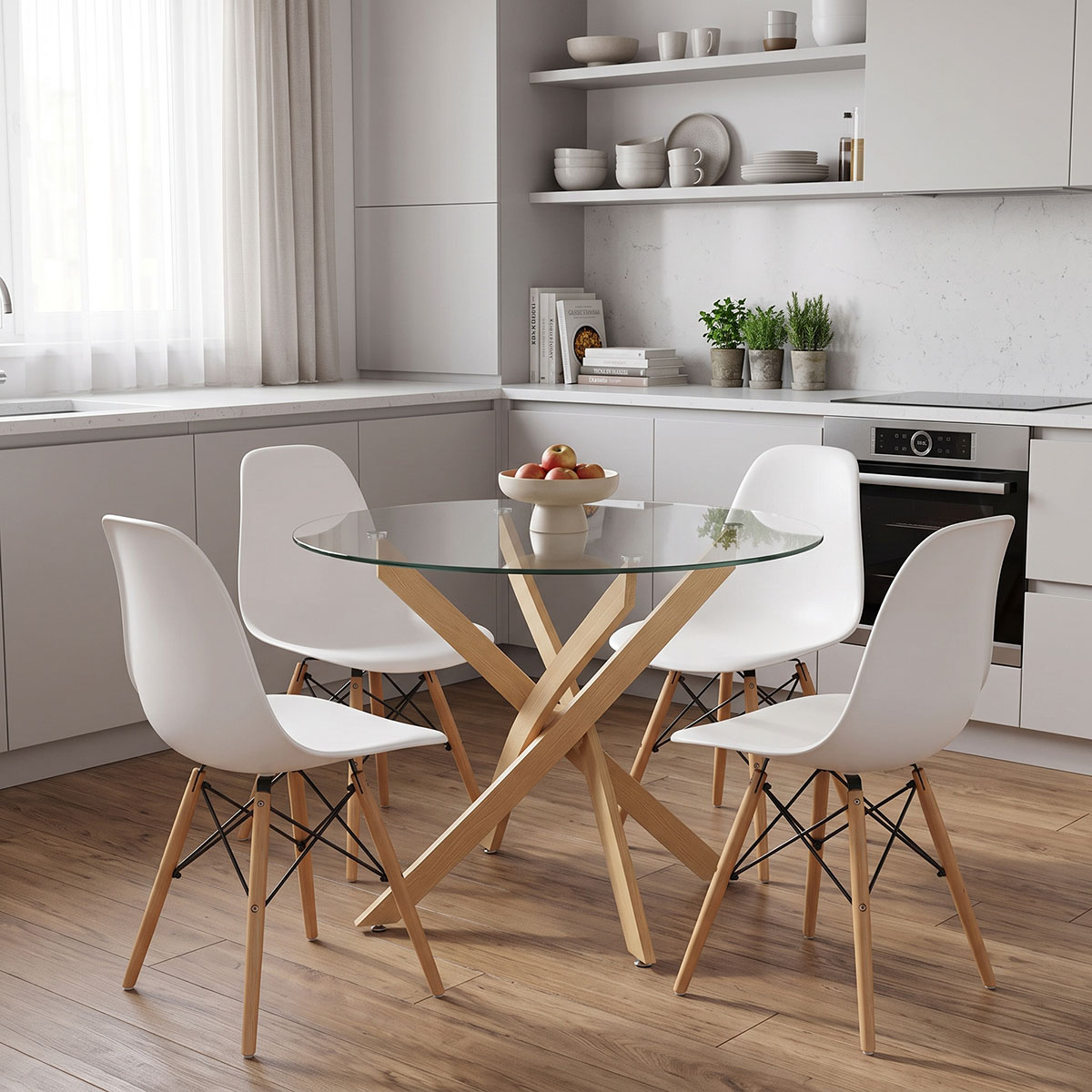 200-001915 Julita dining set with White Chairs and Antoro glass table with metal frame in natural finish Ø80x75cm 5-piece Set - Image 1