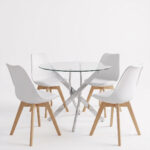 Gaston dining set with white Chairs and Antoro glass table with chrome base Ø80x75cm 5-piece Set - Image 2