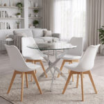 Gaston dining set with white Chairs and Antoro glass table with chrome base Ø80x75cm 5-piece Set