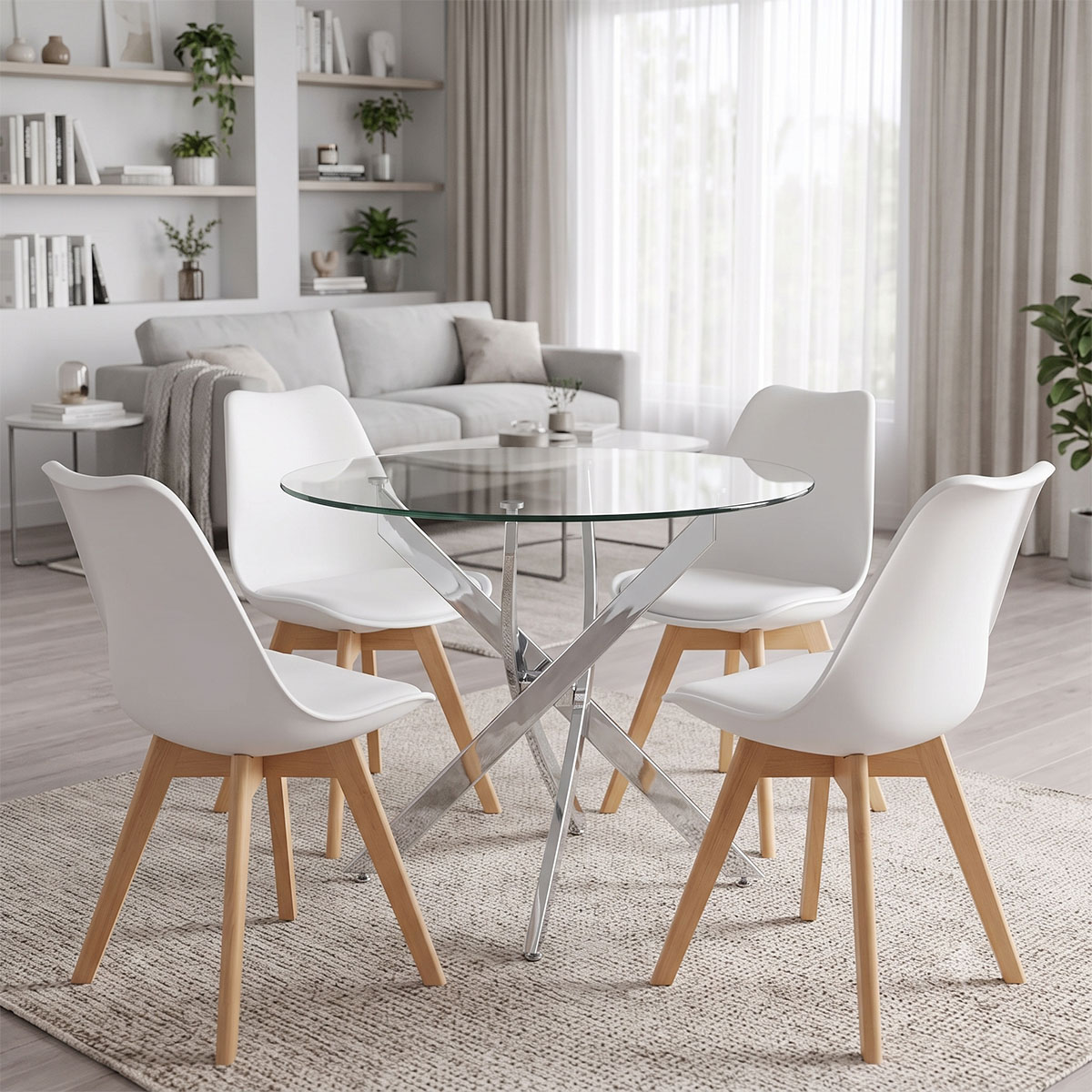 200-001922 Gaston dining set with white Chairs and Antoro glass table with chrome base Ø80x75cm 5-piece Set - Image 1
