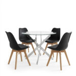 Gaston dining set with black Chairs and Antoro glass table with chrome base Ø80x75cm 5-piece Set - Слика 2