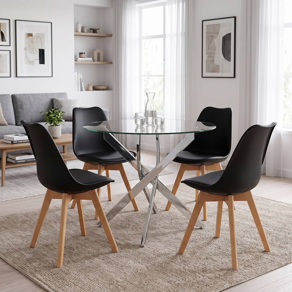 200-001923 Gaston dining set with black Chairs and Antoro glass table with chrome base Ø80x75cm 5-piece Set - Слика 1