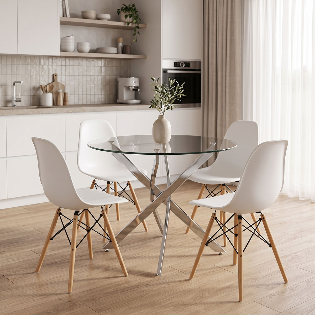 200-001924 Julita dining set with white Chairs and Antoro glass table with chrome base Ø80x75cm 5-piece Set - Слика 1