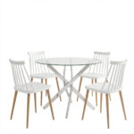 Aurora dining set with white Chairs and Antoro glass table with chrome base Ø80x75cm 5-piece Set - Image 2