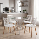 Aurora dining set with white Chairs and Antoro glass table with chrome base Ø80x75cm 5-piece Set