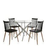 Aurora dining set with black Chairs and Antoro glass table with chrome base Ø80x75cm 5-piece Set - Image 2