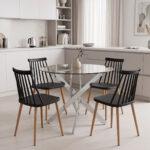 Aurora dining set with black Chairs and Antoro glass table with chrome base Ø80x75cm 5-piece Set