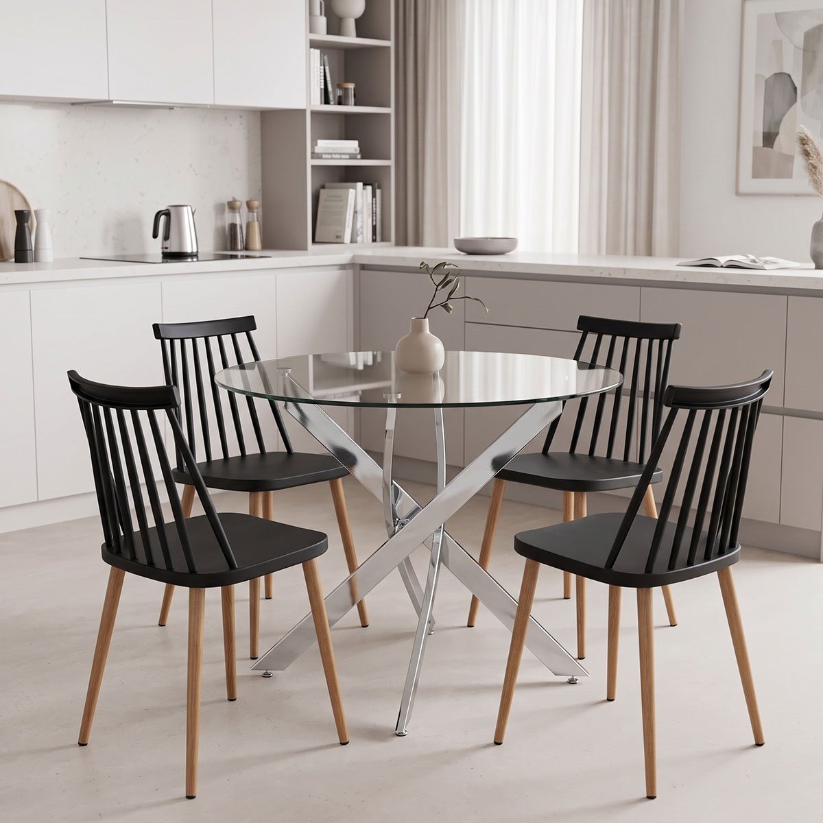 200-001926 Aurora dining set with black Chairs and Antoro glass table with chrome base Ø80x75cm 5-piece Set - Слика 1