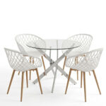 Ezra dining set with white Armchairs and Antoro glass table with chrome base Ø80x75cm 5-piece Set - Image 2