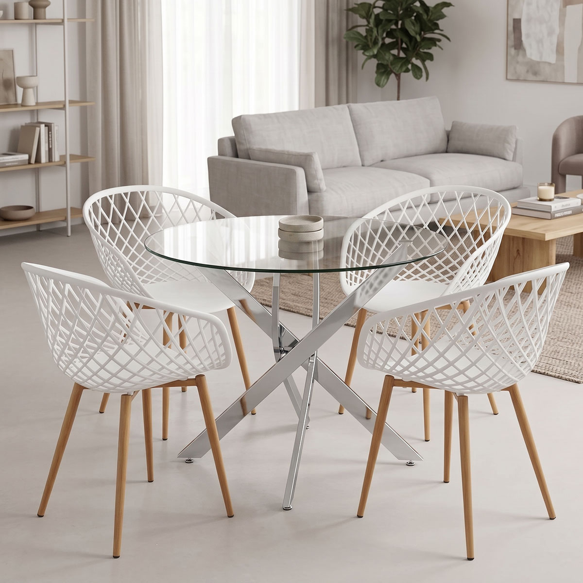 200-001927 Ezra dining set with white Armchairs and Antoro glass table with chrome base Ø80x75cm 5-piece Set - Image 1
