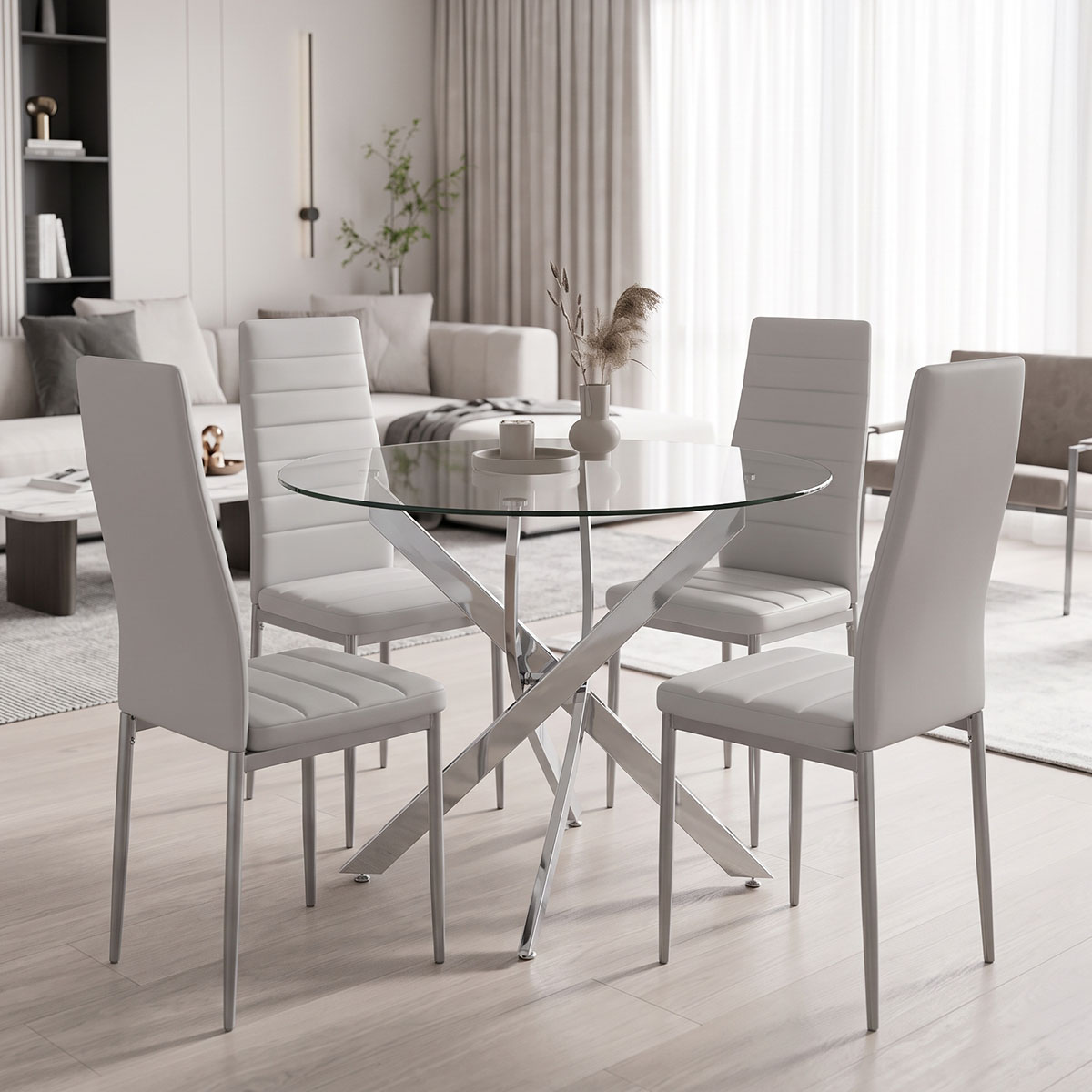 200-001928 Parker dining set with white Chairs and Antoro glass table with chrome base Ø80x75cm 5-piece Set - Image 1
