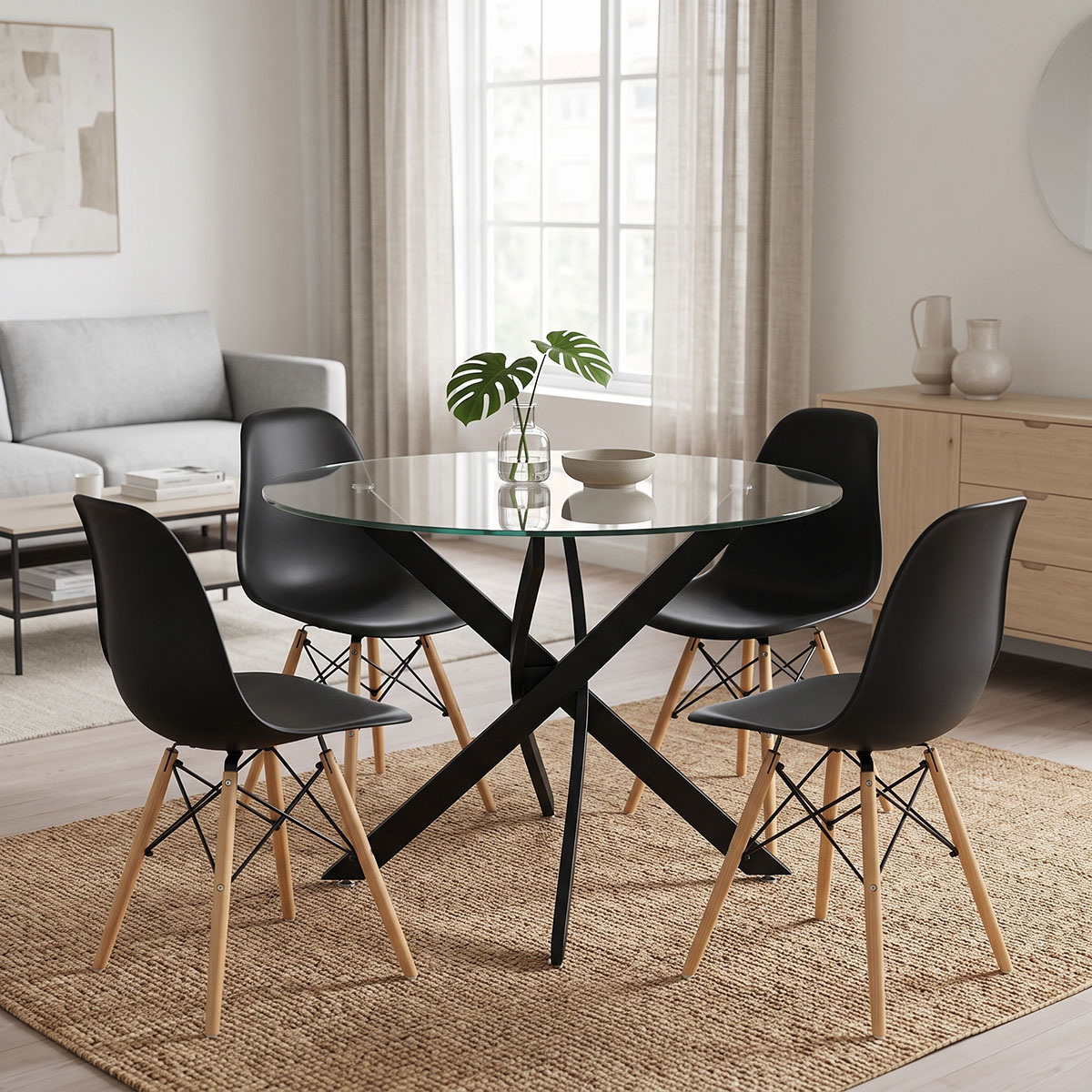 200-001930 Dining Set with Julita Chairs black and Antoro Table glass with black metal Φ100x75cm Set 5pcs - Слика 1