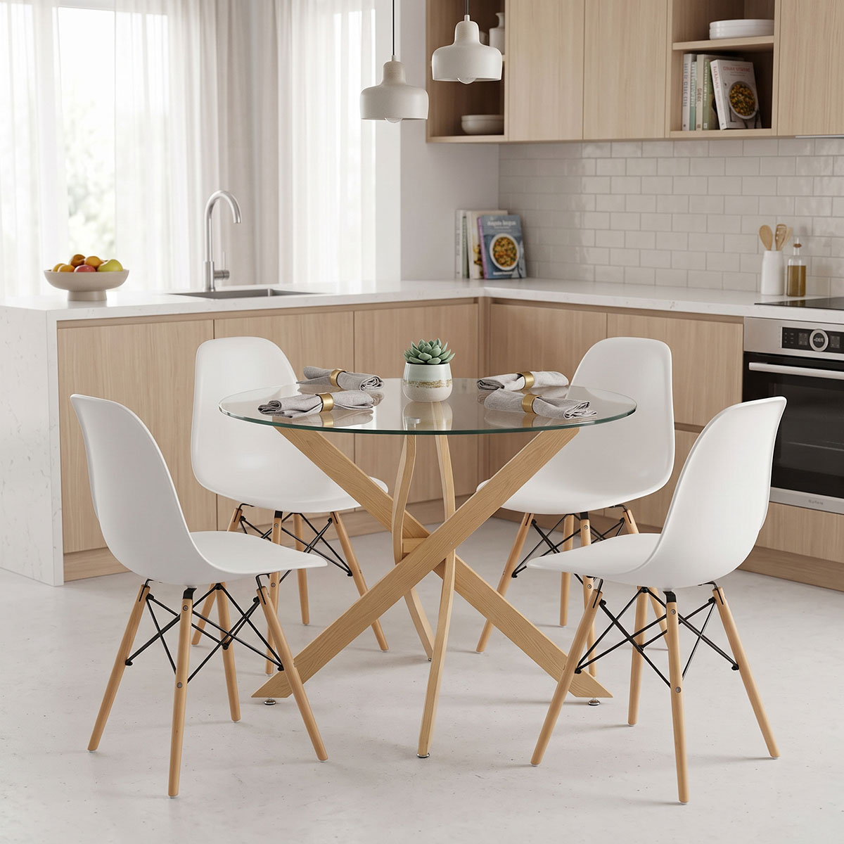 200-001939 Dining Set with Julita white Chairs and Antoro Table glass with metal in natural finish Φ100x75cm Set 5pcs - Image 1