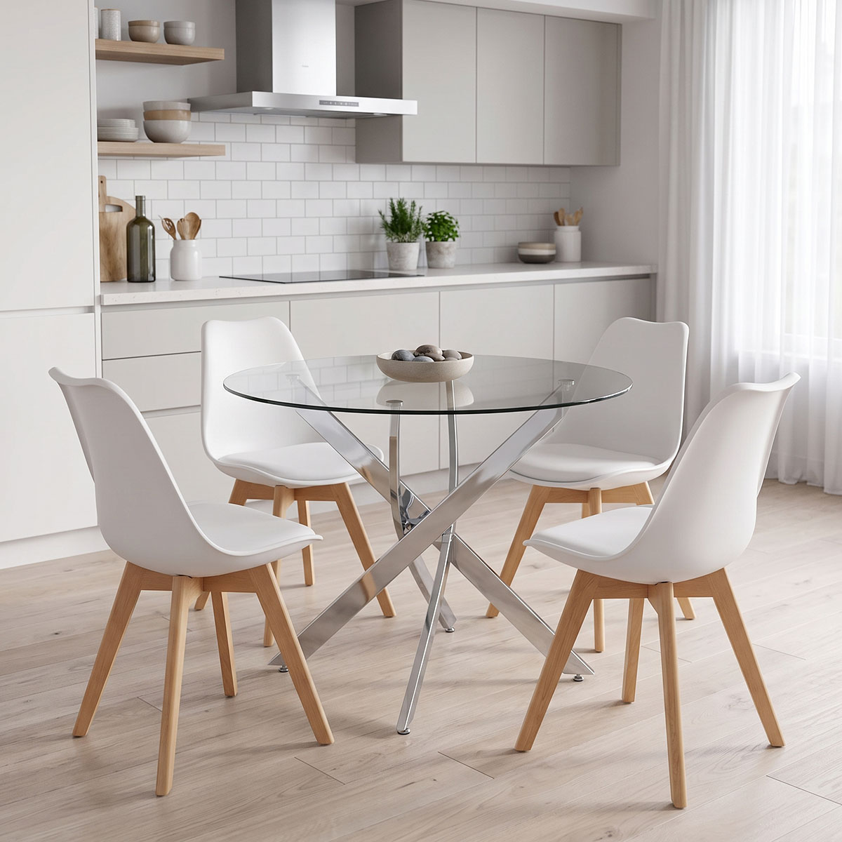 200-001946 Dining Set with Gaston white Chairs and Antoro Table glass with chrome base Φ100x75cm Set 5pcs - Image 1