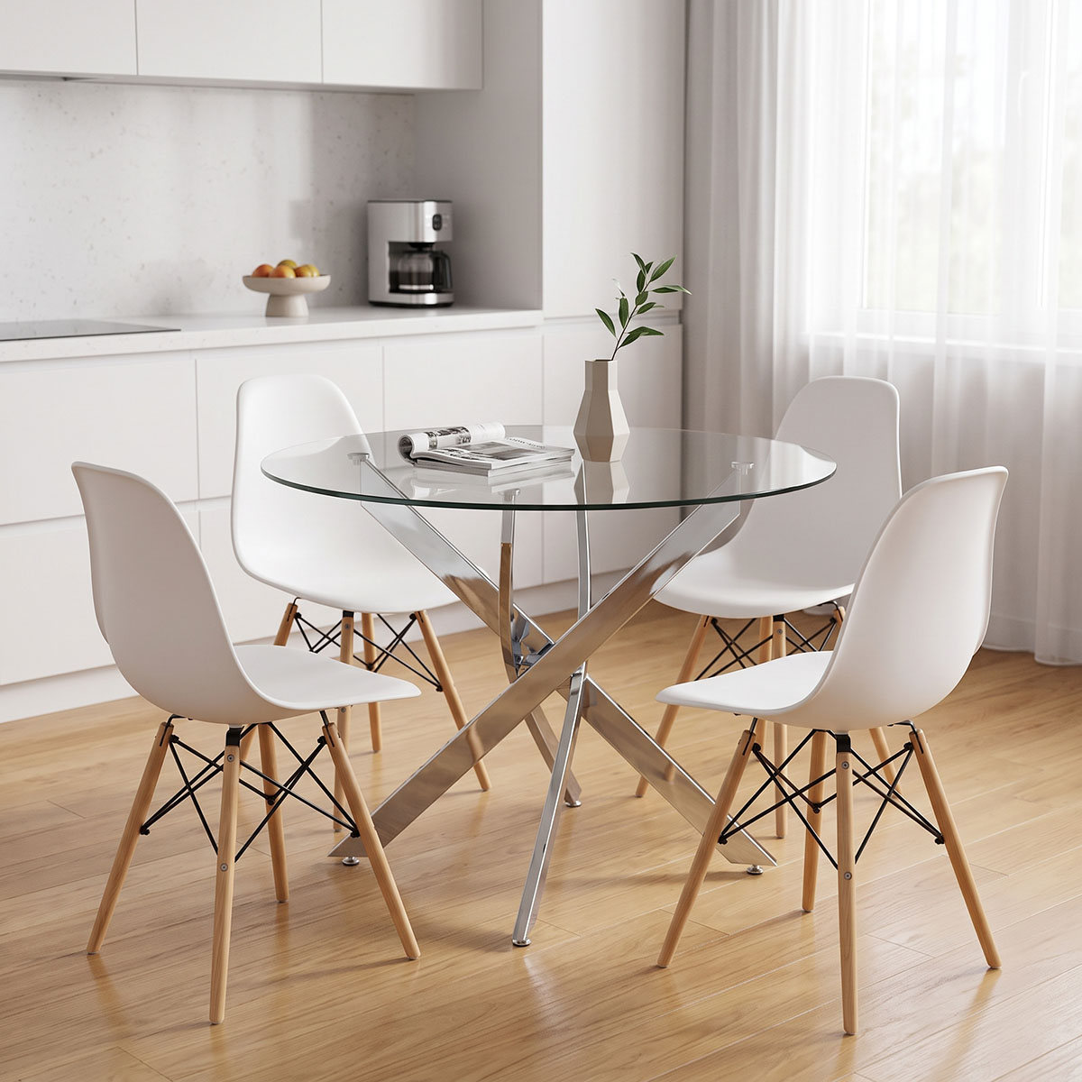 200-001947 Dining Set with Julita white Chairs and Antoro Table glass with chrome base Φ100x75cm Set 5pcs - Image 1