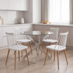 Dining Set with Aurora white Chairs and Antoro Table glass with chrome base Φ100x75cm Set 5pcs