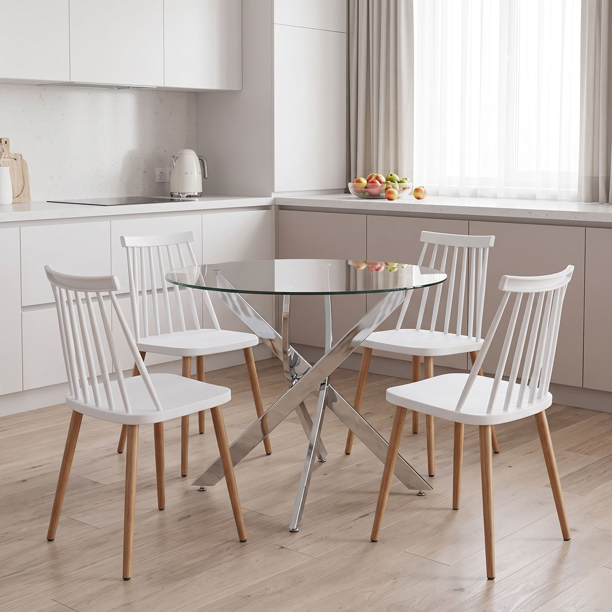 200-001948 Dining Set with Aurora white Chairs and Antoro Table glass with chrome base Φ100x75cm Set 5pcs - Image 1