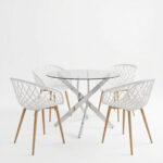 Dining Set with Ezra white Armchairs and Antoro Table glass with chrome base Φ100x75cm Set 5pcs - Image 2