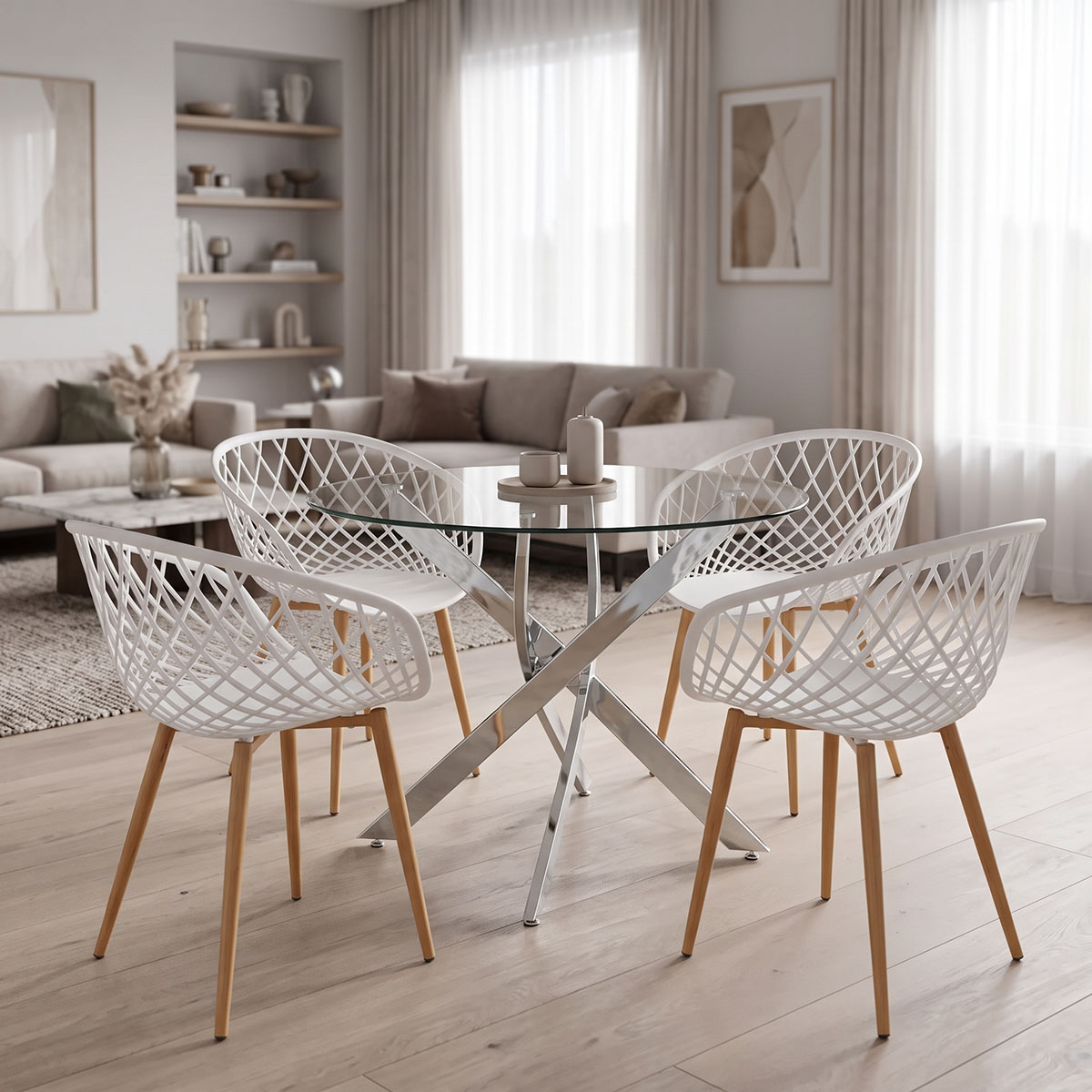 200-001949 Dining Set with Ezra white Armchairs and Antoro Table glass with chrome base Φ100x75cm Set 5pcs - Image 1