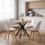 Dining Set with Gaston white Chairs and Xuson Table in natural finish Φ80x75cm Set 5pcs