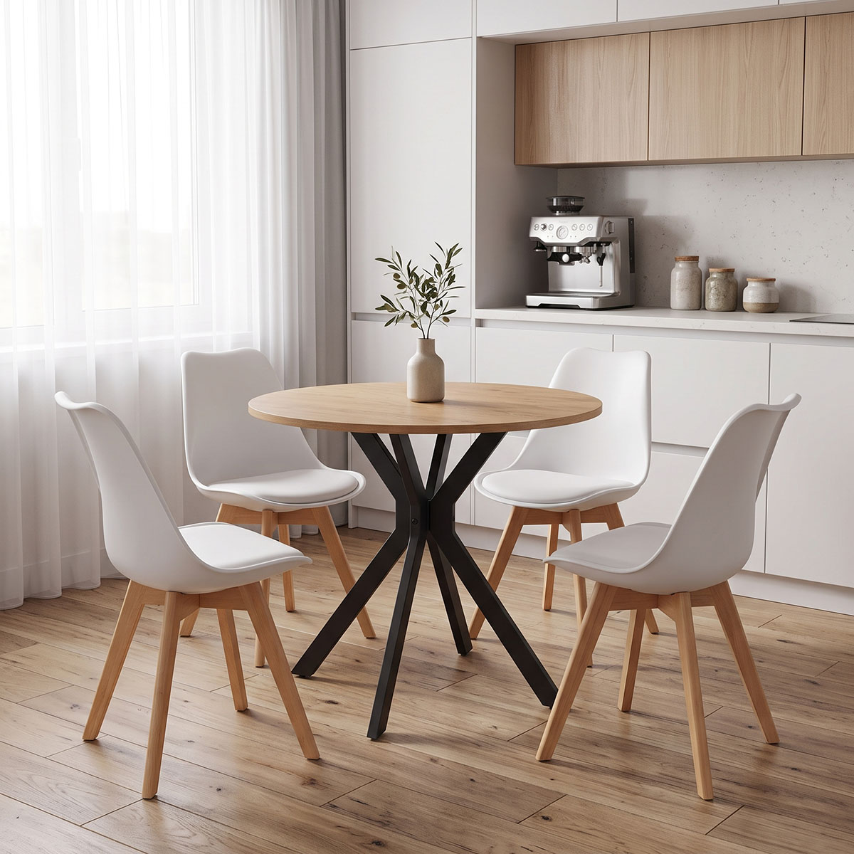 200-001952 Dining Set with Gaston white Chairs and Xuson Table in natural finish Φ80x75cm Set 5pcs - Image 1