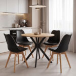 Dining Table with Gaston Chairs Black and Xuson Table natural Finish Φ80x75cm Set 5pcs