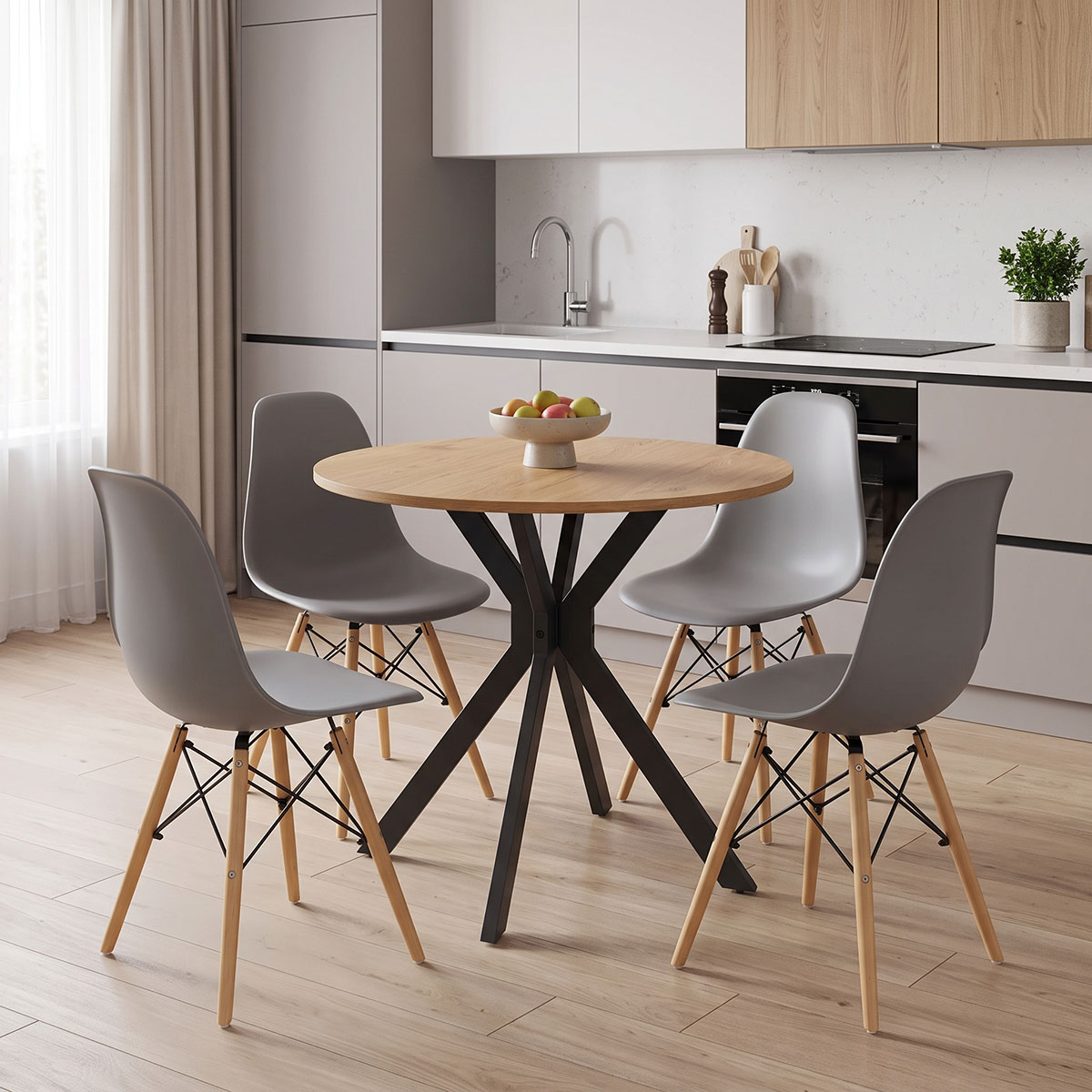 200-001954 Julita dining set with grey Chairs and Xuson table in natural finish Ø80x75cm 5-piece Set - Слика 1
