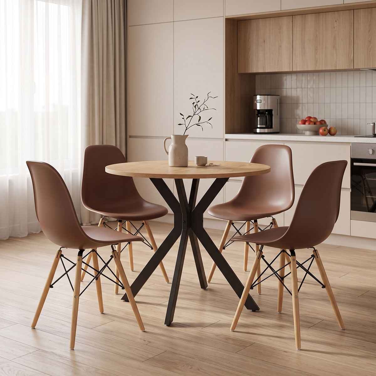 200-001955 Julita dining set with brown Chairs and Xuson table in natural finish Ø80x75cm 5-piece Set - Слика 1