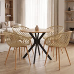 Ezra dining set with cappuccino Armchairs and Xuson table in natural finish Ø80x75cm 5-piece Set