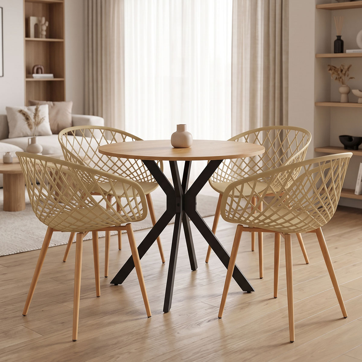 200-001958 Ezra dining set with cappuccino Armchairs and Xuson table in natural finish Ø80x75cm 5-piece Set - Image 1