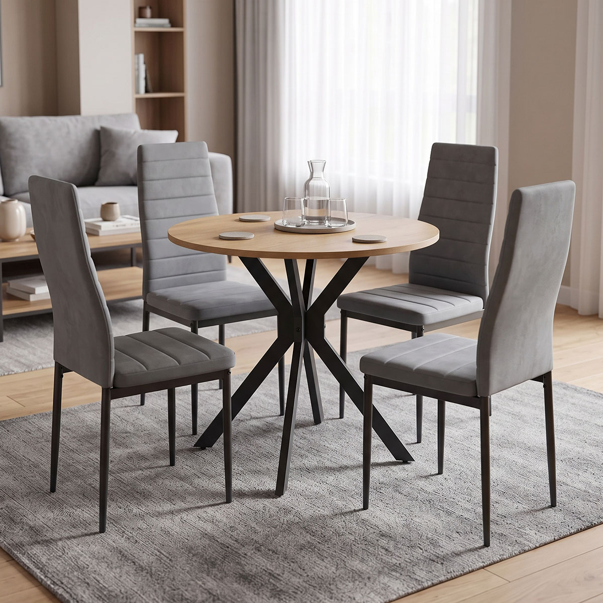 200-001960 Parker dining set with grey Chairs and Xuson table in natural finish Ø80x75cm 5-piece Set - Image 1