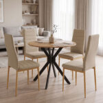 Parker dining set with beige Chairs and Xuson table in natural finish Ø80x75cm 5-piece Set