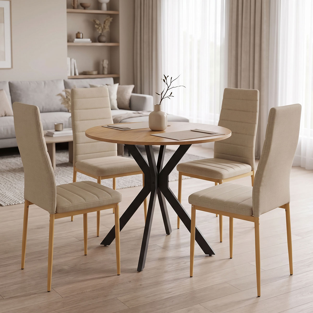 200-001961 Parker dining set with beige Chairs and Xuson table in natural finish Ø80x75cm 5-piece Set - Image 1