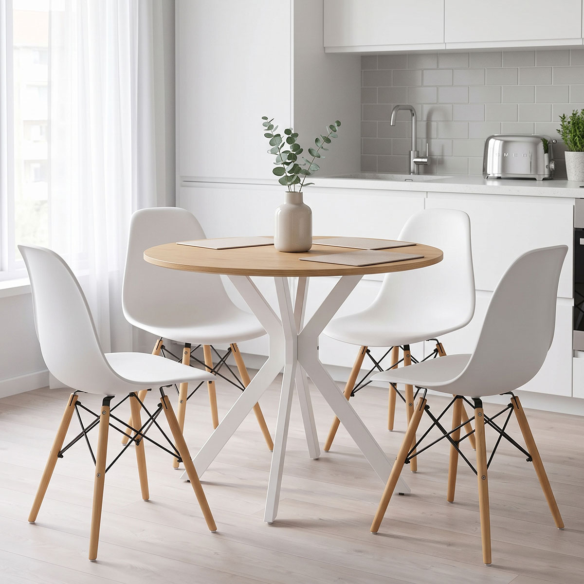 200-001963 Dining set with Julita white Chairs and Xuson white table Ø80x75cm 5piece Set - Image 1