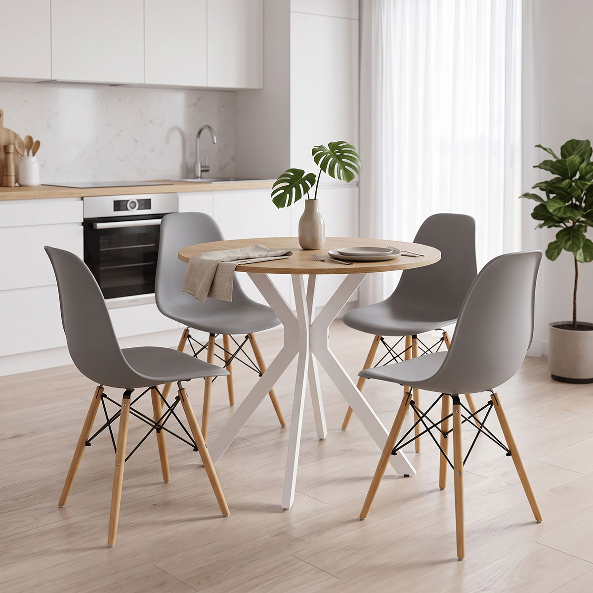 200-001964 Dining set with Julita grey Chairs and Xuson white table Ø80x75cm 5piece Set - Слика 1