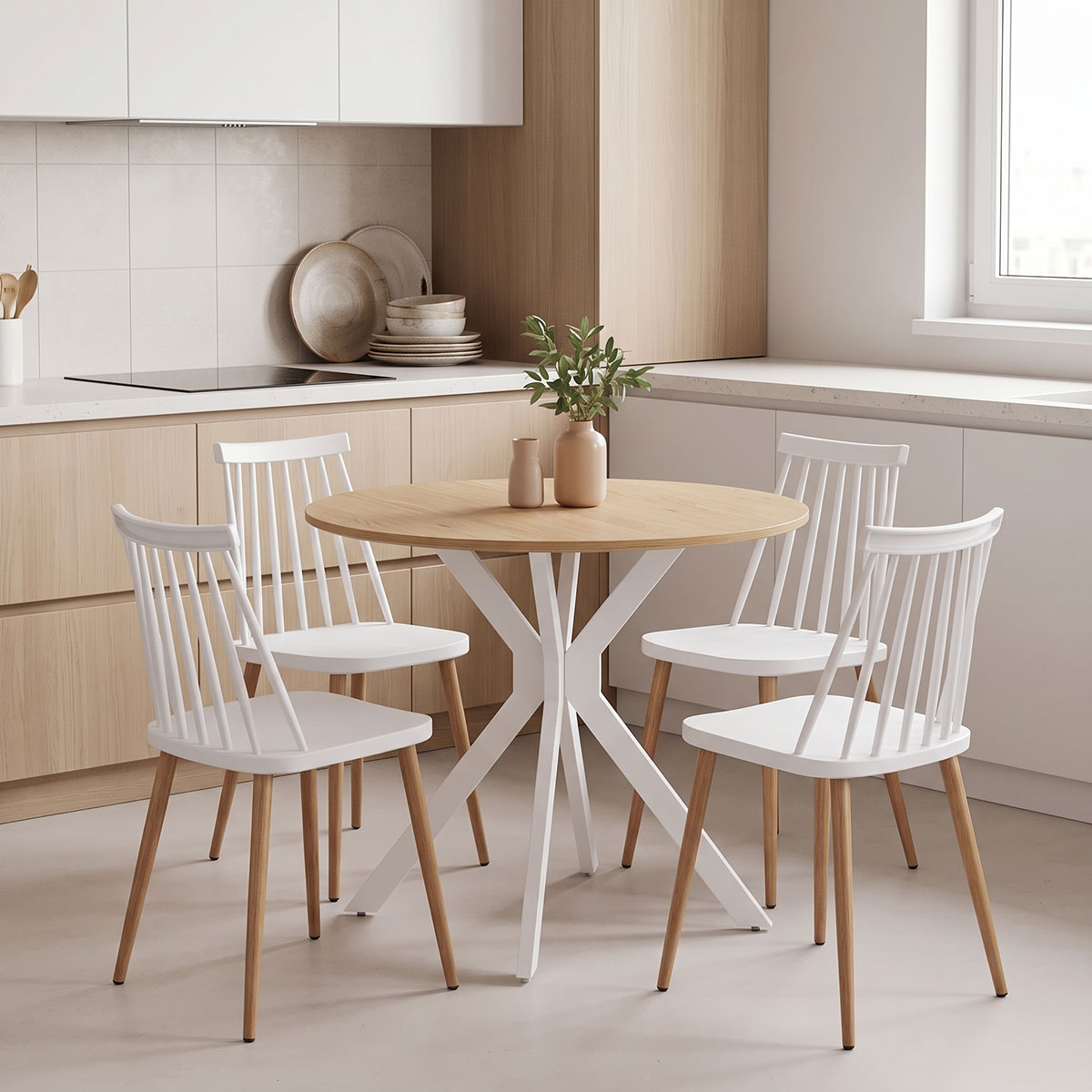 200-001965 Dining set with Aurora white Chairs and Xuson white table Ø80x75cm 5piece Set - Слика 1