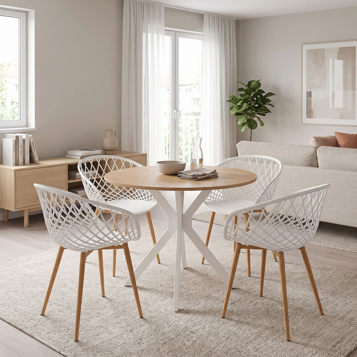 200-001967 Dining set with Ezra white Armchairs and Xuson white table Ø80x75cm 5piece Set - Image 1