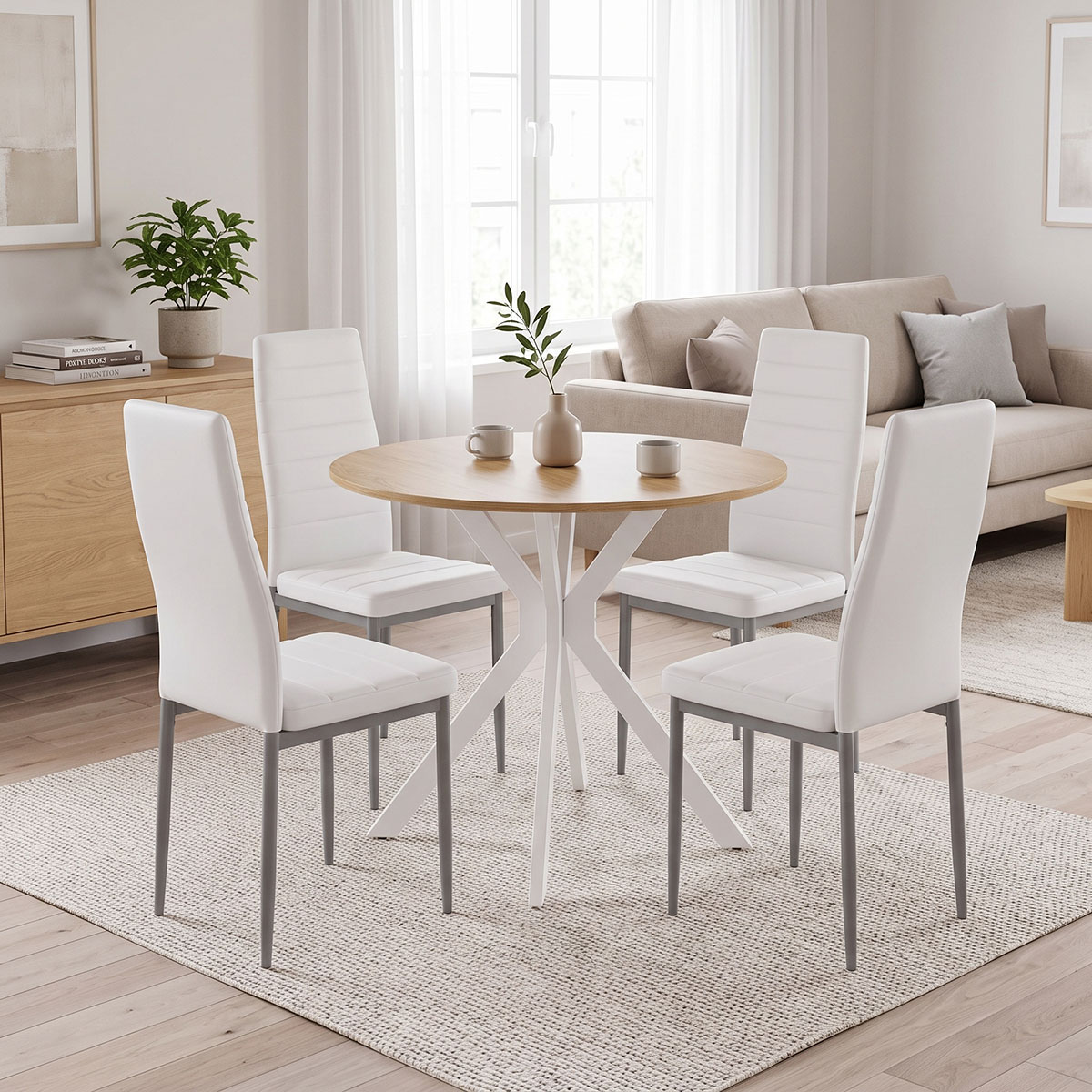 200-001968 Dining set with Parker white Chairs and Xuson white table Ø80x75cm 5piece Set - Image 1