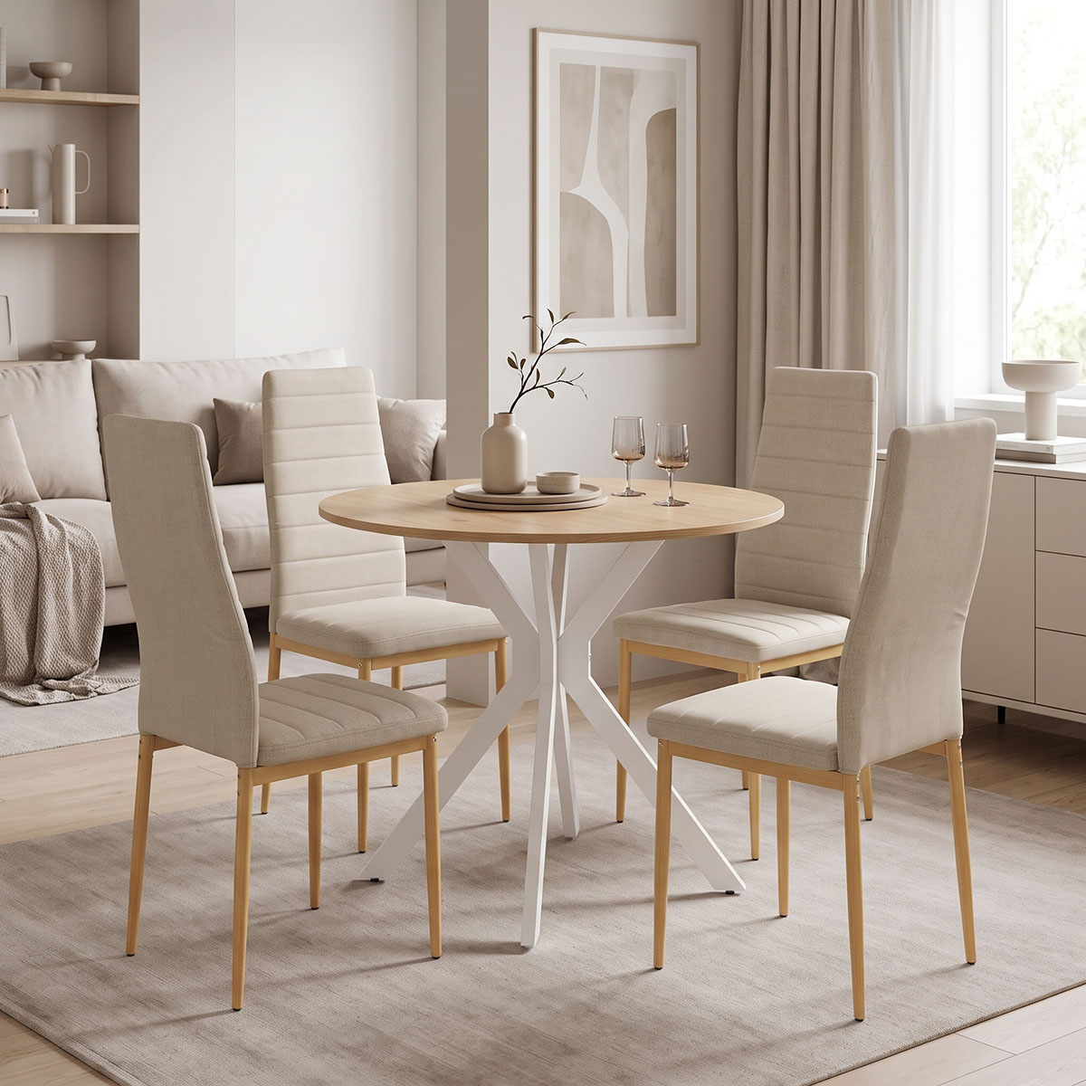 200-001969 Dining set with Parker beige Chairs and Xuson white table Ø80x75cm 5piece Set - Image 1