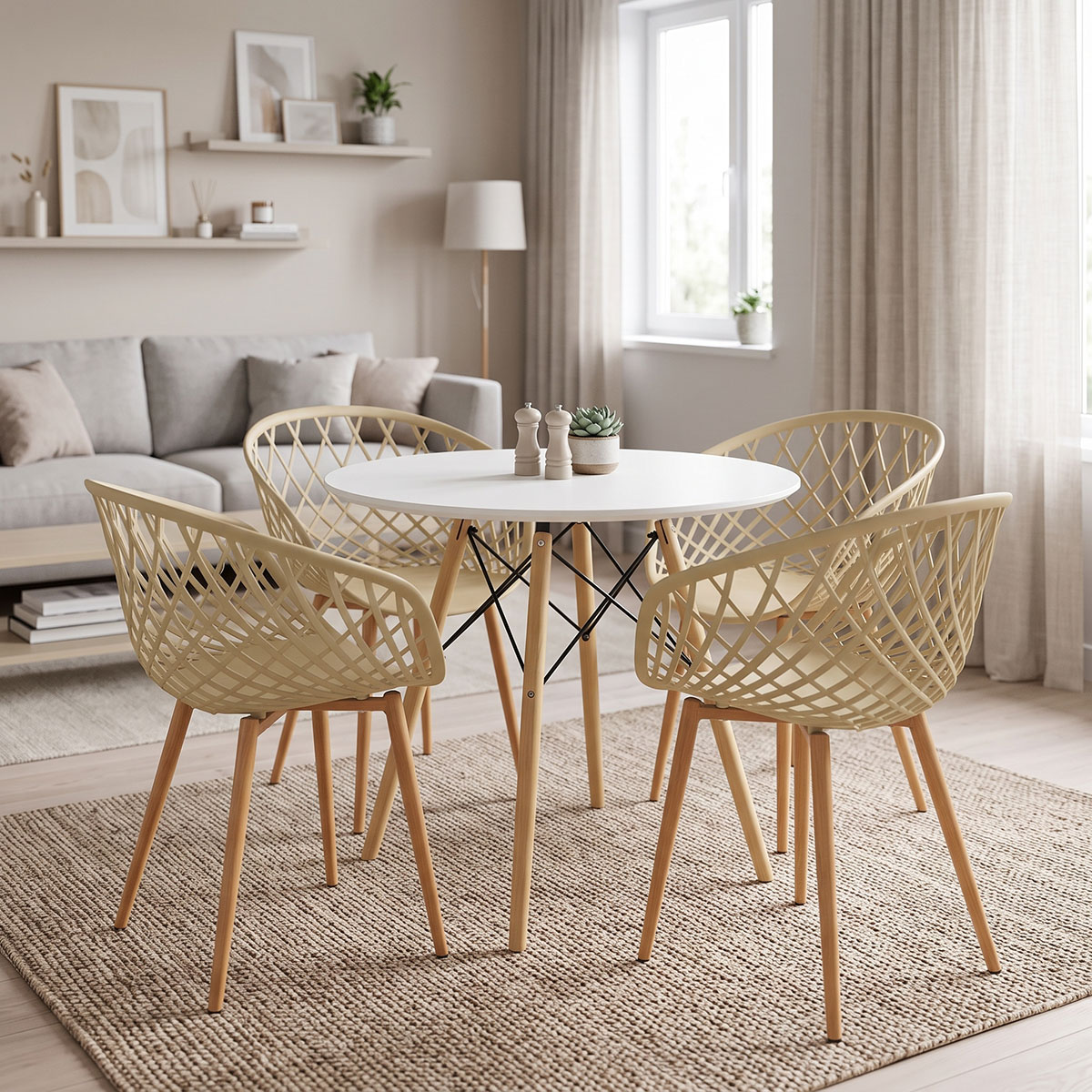 200-001984 Dining Set with Ezra cappuccino Armchairs and Julita White Table Ø80x73cm Set of 5pcs - Image 1