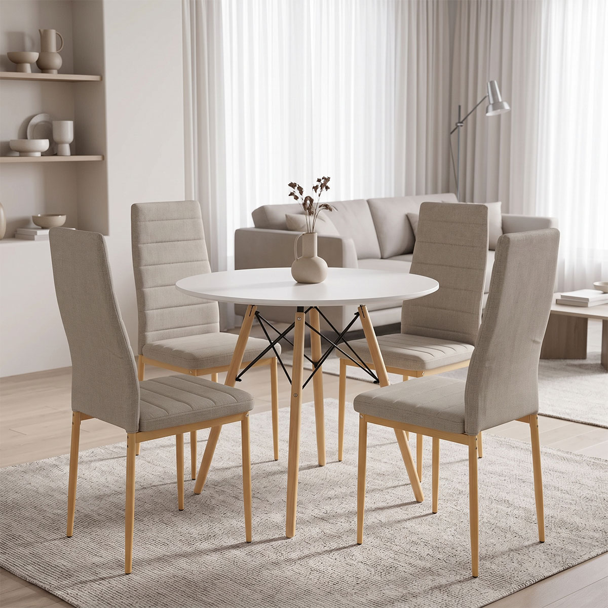 200-001985 Dining Set with Parker Chairs beige & Julita White Table Ø80x73cm 5Pieces - Слика 1