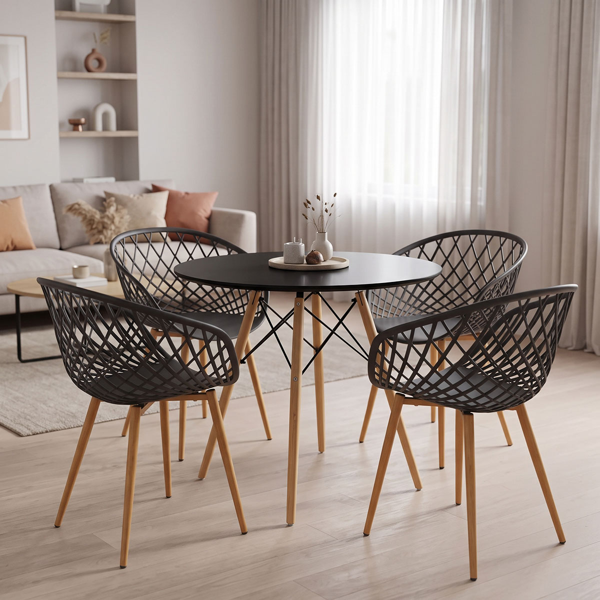 200-001990 Dining Set with Ezra Armchairs anthracite and Julita Table Black Ø80x73cm Set of 5Pieces - Image 1