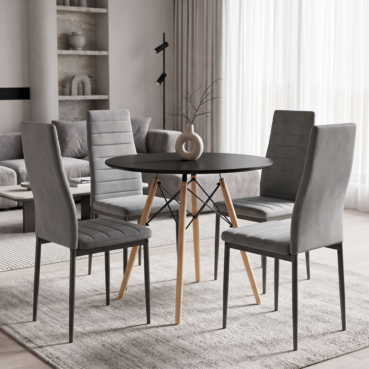 200-001992 Dining Set with Parker Chairs grey and Julita Table Black Ø80x73cm Set of 5Pieces - Слика 1