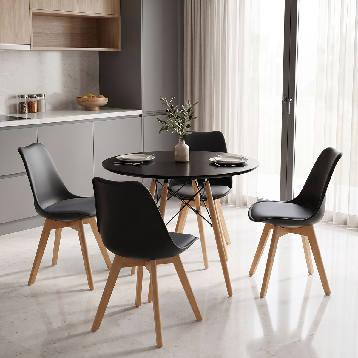 200-001993 Dining Set with Gaston Chairs black and Julita Table Black Ø80x73cm Set of 5Pieces - Слика 1