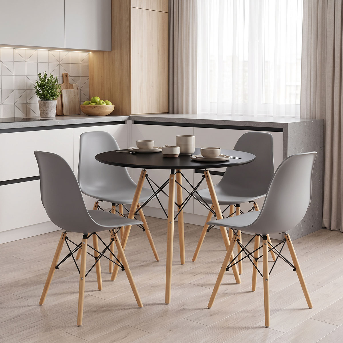 200-001995 Dining Set with Julita Chairs grey and Julita Table Black Ø80x73cm Set of 5Pieces - Слика 1