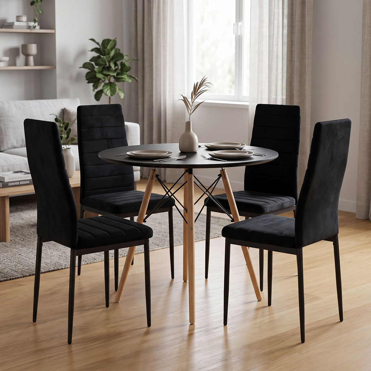 200-001998 Dining Set with Parker Chairs black and Julita Table Black Ø80x73cm Set of 5Pieces - Слика 1
