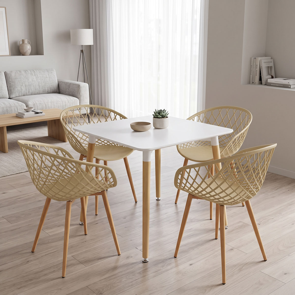 200-002003 Dining Set with Armchairs Ezra cappucccino and Natali Table White 80x80x76cm Set of 5pcs - Image 1