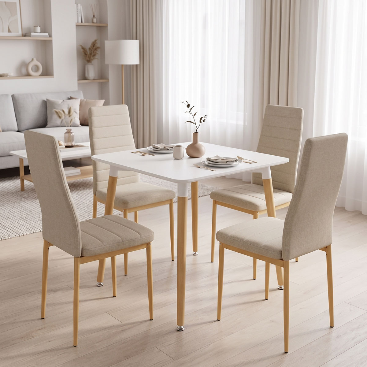200-002004 Dining Set with Chairs Parker beige and Natali Table White 80x80x76cm Set of 5pcs - Image 1